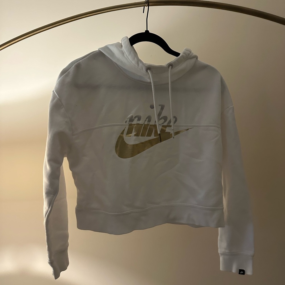 Nike Gray and White Cropped Graphic Hoodie